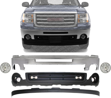 Front Bumper Chrome Steel + Lower Valance Air Deflector Textured + Extension + Fog Lamps Assembly Left & Right Side Direct Replacement Compatible With 2007-2013 GMC Sierra 1500