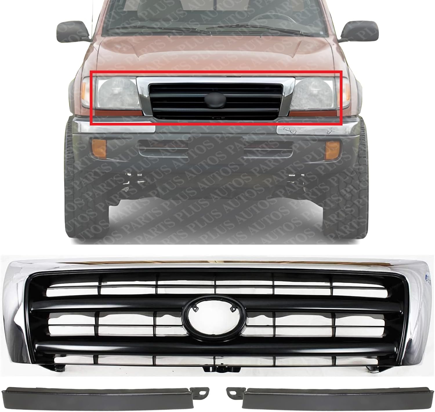 Front Grille Chrome Shell/Painted Dark Argent Insert + Headlight Fillers Left Driver & Right Passenger Side Direct Replacement Compatible With 1998-2000 Toyota Tacoma TO1200213