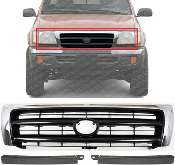 Front Grille Chrome Shell/Painted Dark Argent Insert + Headlight Fillers Left Driver & Right Passenger Side Direct Replacement Compatible With 1998-2000 Toyota Tacoma TO1200213