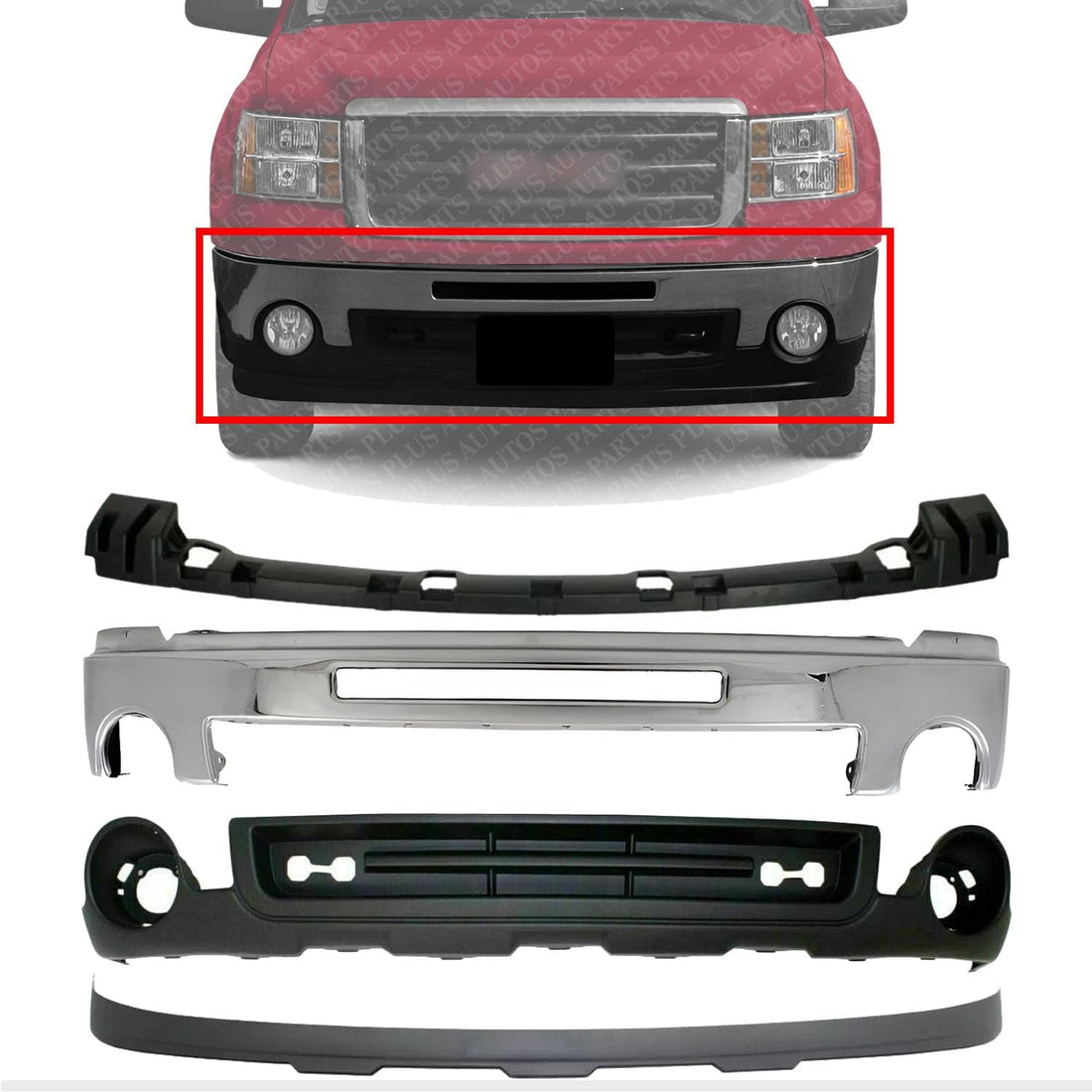 Front Bumper Chrome Steel With Air Intake Hole + Lower Valance Air Deflector + Extension Textured + Cover Bracket Direct Replacement Compatible With GMC Sierra 1500 2007-13 GM1015100