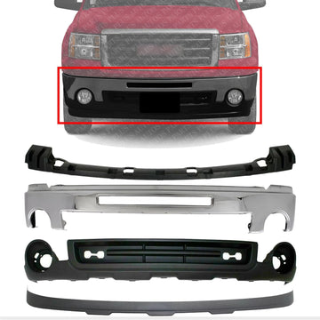 Front Bumper Chrome Steel With Air Intake Hole + Lower Valance Air Deflector + Extension Textured + Cover Bracket Direct Replacement Compatible With GMC Sierra 1500 2007-13 GM1015100