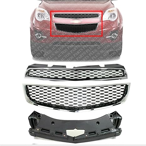 Front Bumper Upper & Lower Grille Chrome Shell & Insert + Support Bracket Direct Replacement Compatible With 2010-2015 Chevrolet Equinox GM1041121 GM1200622 GM1200621 23507949