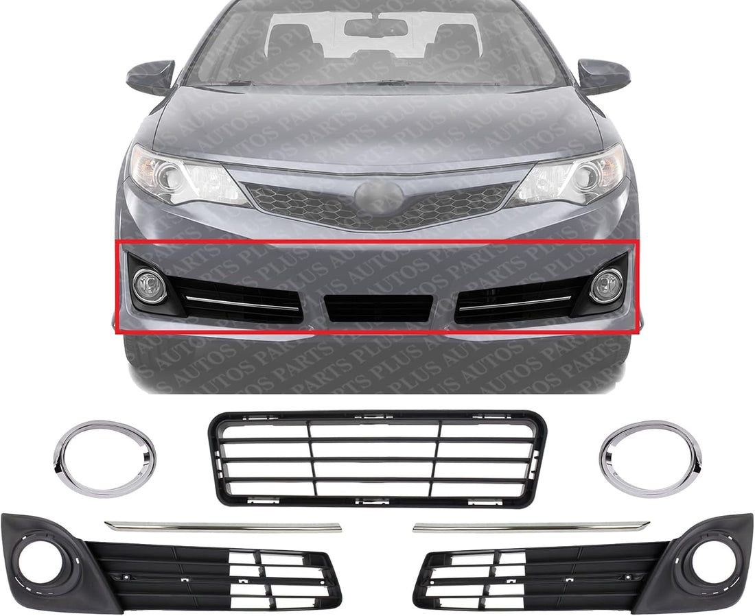 Front Bumper Lower Grille Textured + Fog Light Molding + Bezels + Brackets Left Driver & Right Passenger Side Direct Replacement Compatible With 2012-2014 Toyota Camry TO1036129