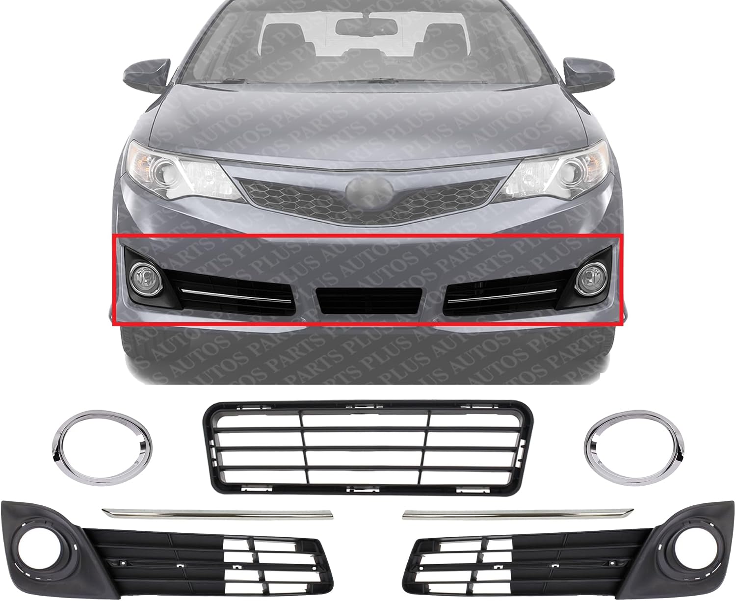 Front Bumper Lower Grille Textured + Fog Light Molding + Bezels + Brackets Left Driver & Right Passenger Side Direct Replacement Compatible With 2012-2014 Toyota Camry TO1036129