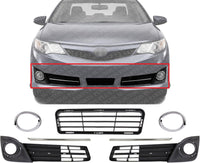 Front Bumper Lower Grille Textured + Fog Light Molding + Bezels + Brackets Left Driver & Right Passenger Side Direct Replacement Compatible With 2012-2014 Toyota Camry TO1036129