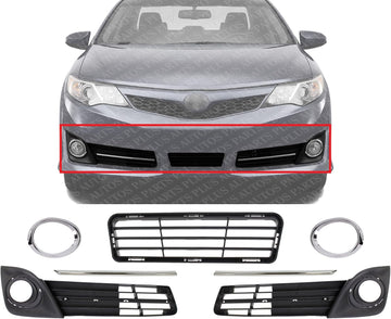 Front Bumper Lower Grille Textured + Fog Light Molding + Bezels + Brackets Left Driver & Right Passenger Side Direct Replacement Compatible With 2012-2014 Toyota Camry TO1036129
