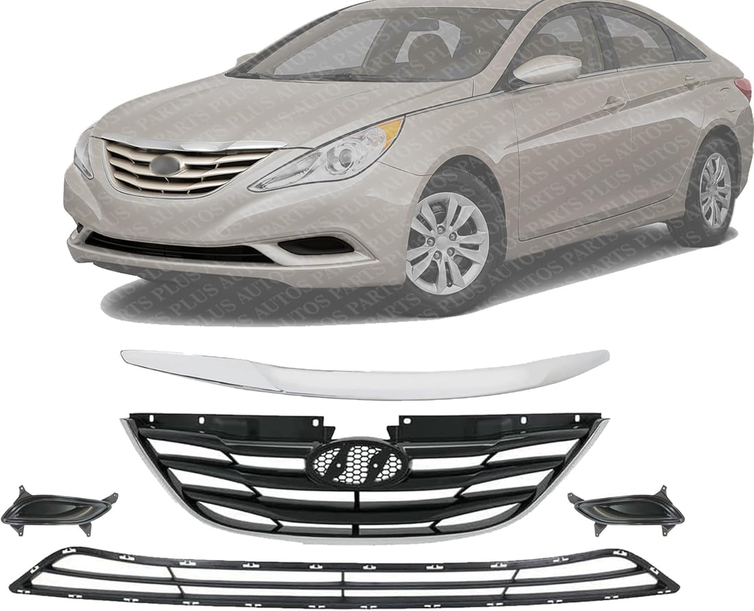 Front Upper & Lower Grille Primed + Hood Molding Chrome + Fog Light Cover Right Passenger & Left Driver Side Direct Replacement Compatible With Hyundai Sonata 2011-2013 HY1036114