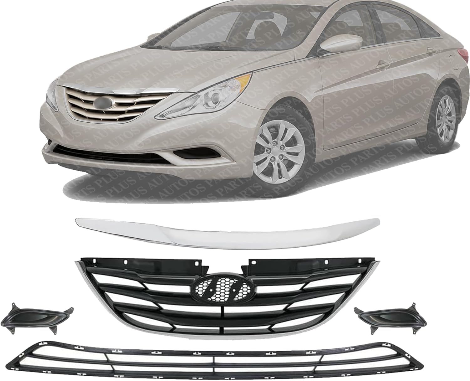 Front Upper & Lower Grille Primed + Hood Molding Chrome + Fog Light Cover Right Passenger & Left Driver Side Direct Replacement Compatible With Hyundai Sonata 2011-2013 HY1036114