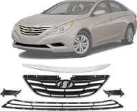 Front Upper & Lower Grille Primed + Hood Molding Chrome + Fog Light Cover Right Passenger & Left Driver Side Direct Replacement Compatible With Hyundai Sonata 2011-2013 HY1036114