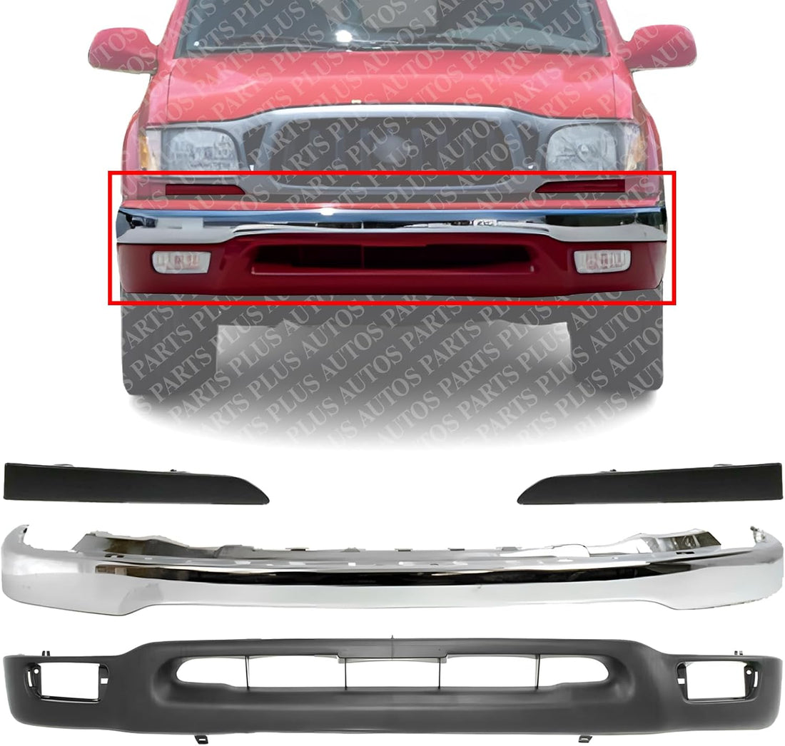 Front Bumper Chrome + Lower Valance + Head Light Filler Primed Left Driver & Right Passenger Side Direct Replacement Compatible With 2001-2004 Toyota Tacoma 2WD TO1088108 TO1089108