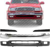 Front Bumper Chrome + Lower Valance + Head Light Filler Primed Left Driver & Right Passenger Side Direct Replacement Compatible With 2001-2004 Toyota Tacoma 2WD TO1088108 TO1089108