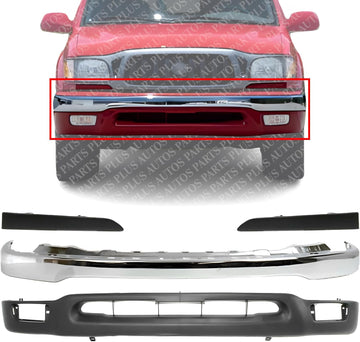 Front Bumper Chrome + Lower Valance + Head Light Filler Primed Left Driver & Right Passenger Side Direct Replacement Compatible With 2001-2004 Toyota Tacoma 2WD TO1088108 TO1089108