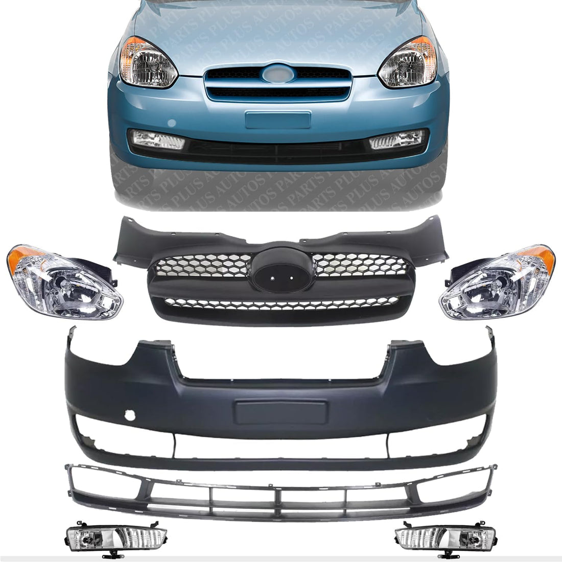 Front Bumper + Upper & Lower Grille Primed + Head Light + Fog Lamp Left Driver & Right Passenger Side Direct Replacement Compatible With 2007-2011 Hyundai Accent