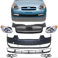 Front Bumper + Upper & Lower Grille Primed + Head Light + Fog Lamp Left Driver & Right Passenger Side Direct Replacement Compatible With 2007-2011 Hyundai Accent