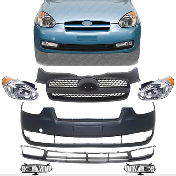 Front Bumper + Upper & Lower Grille Primed + Head Light + Fog Lamp Left Driver & Right Passenger Side Direct Replacement Compatible With 2007-2011 Hyundai Accent