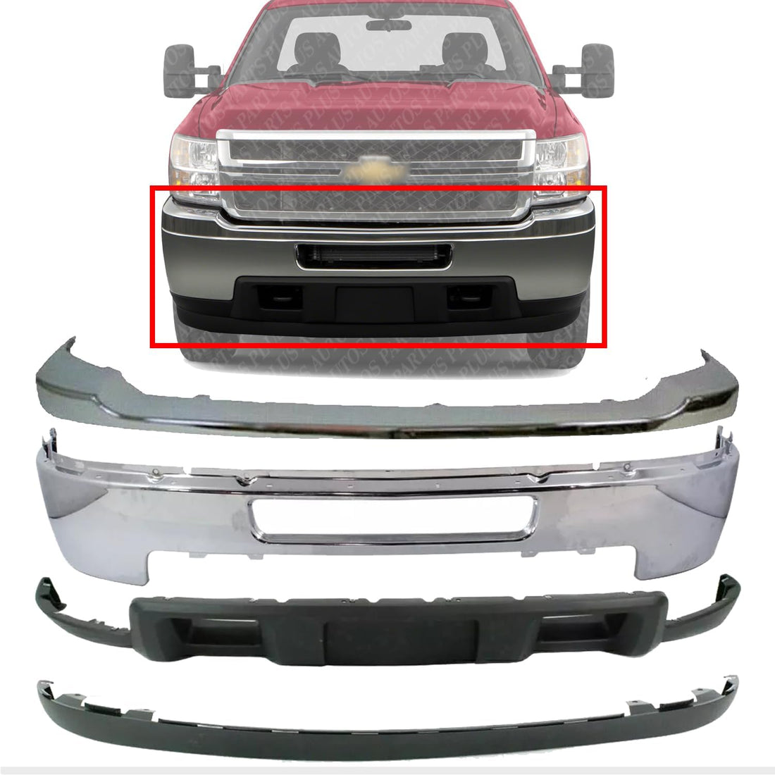Front Bumper Chrome Steel + Upper Cover + Lower Valance + Extension Textured Direct Replacement Compatible With 2011-2014 Chevrolet Silverado 2500HD 3500HD GM1014106 GM1092213