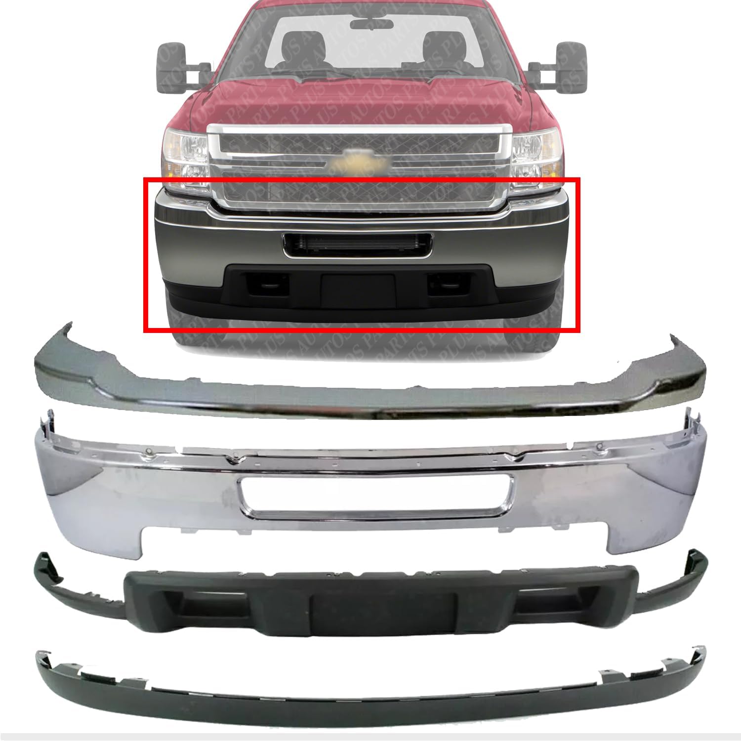 Front Bumper Chrome Steel + Upper Cover + Lower Valance + Extension Textured Direct Replacement Compatible With 2011-2014 Chevrolet Silverado 2500HD 3500HD GM1014106 GM1092213
