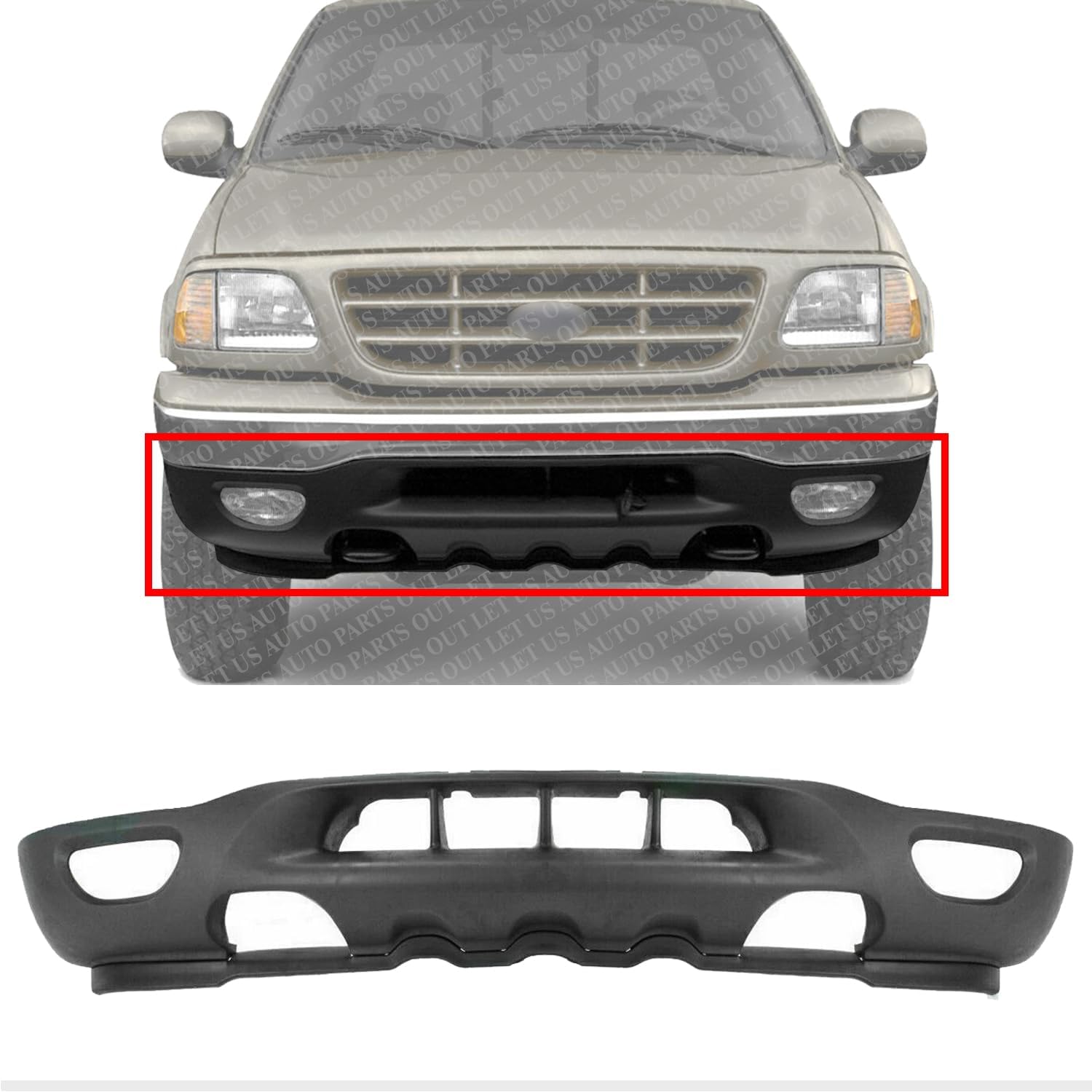 AUTOS PARTS PLUS Front Bumper Lower Valance Panel Textured With Fog Light & Tow Hook Holes Direct Replacement Compatible With 1999-2003 Ford F-Series / 1999-2002 Expedition FO1095181 XL3Z17626BA