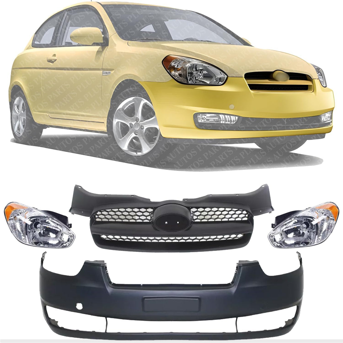 Front Bumper Primed + Upper Grille Black Shell and Insert + Head Light Left Driver & Right Passenger Side Direct Replacement Compatible with 2007-2011 Hyundai Accent