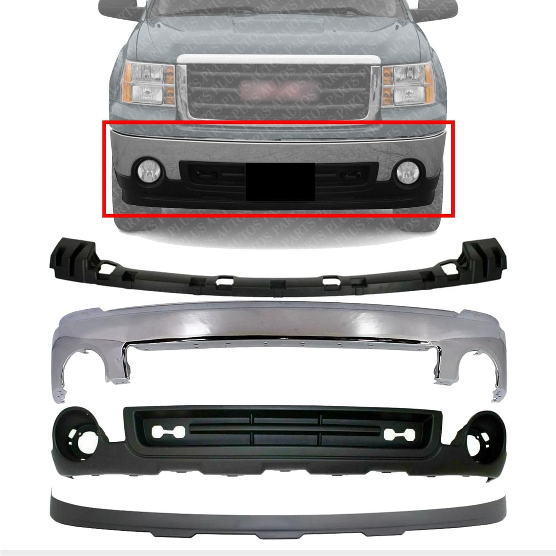 Front Bumper Chrome Steel + Lower Valance Air Deflector + Extension Textured + Cover Bracket Direct Replacement Compatible With GMC Sierra 1500 2007-2013 GM1015100 GM1092211 GM1002833