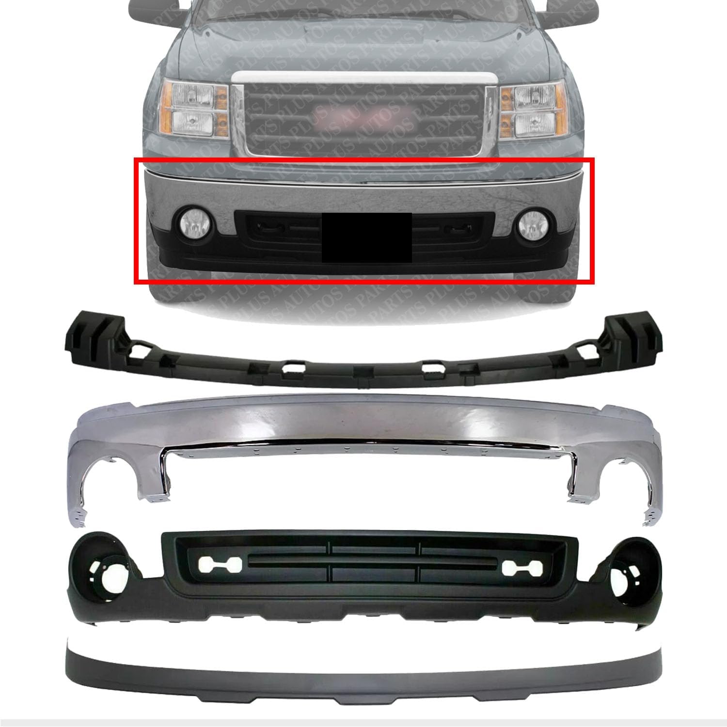 Front Bumper Chrome Steel + Lower Valance Air Deflector + Extension Textured + Cover Bracket Direct Replacement Compatible With GMC Sierra 1500 2007-2013 GM1015100 GM1092211 GM1002833