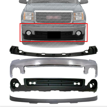 Front Bumper Chrome Steel + Lower Valance Air Deflector + Extension Textured + Cover Bracket Direct Replacement Compatible With GMC Sierra 1500 2007-2013 GM1015100 GM1092211 GM1002833