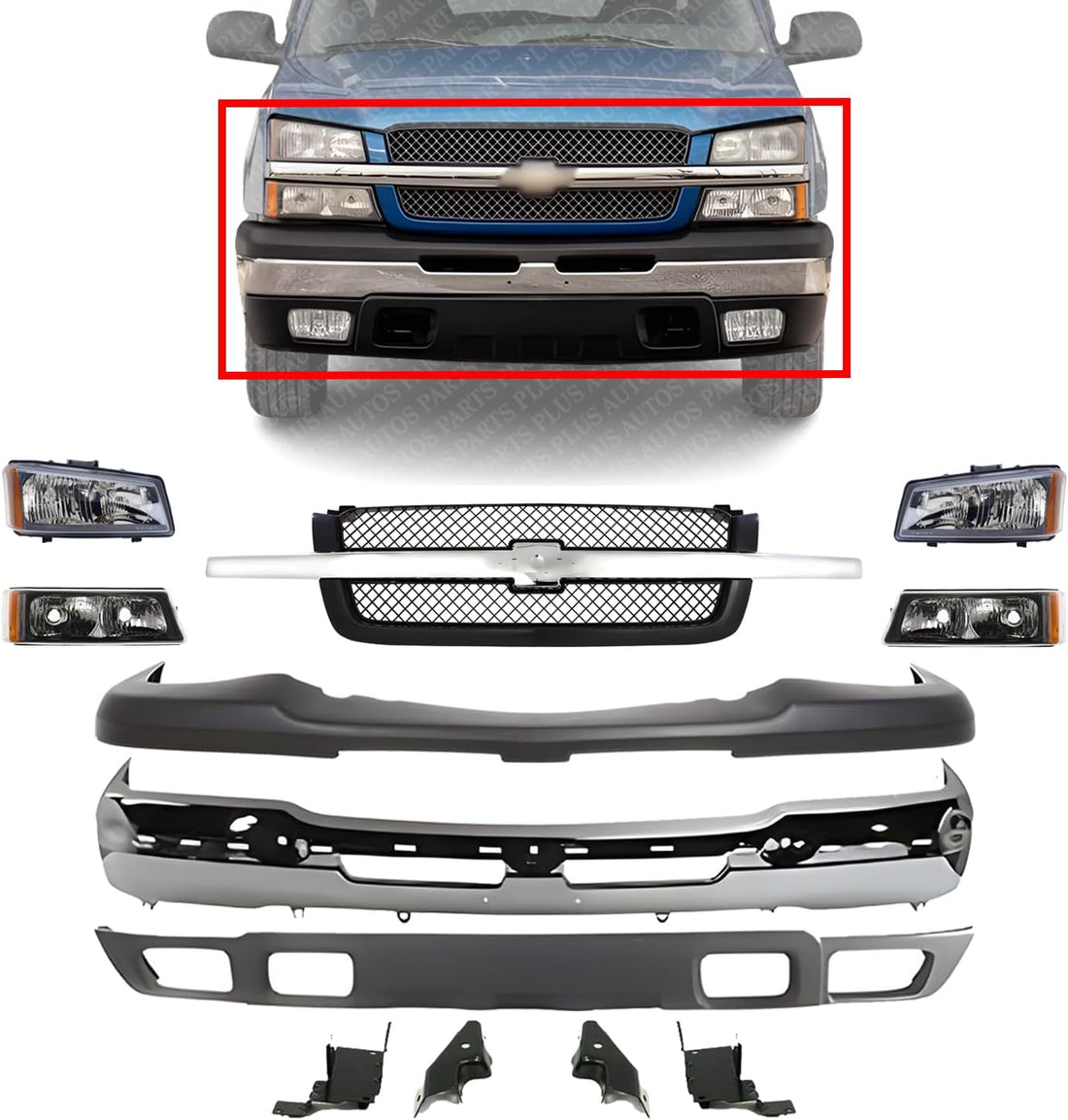Front Bumper Chrome + Grille + Upper Cover + Valance + Brackets Set + Head & Signal Lamp RH & LH Side Direct Replacement Compatible With Silverado 1500 2003-2006 / Avalanche 2002-2006
