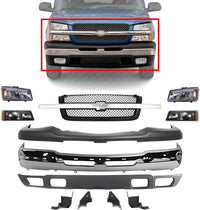 Front Bumper Chrome + Grille + Upper Cover + Valance + Brackets Set + Head & Signal Lamp RH & LH Side Direct Replacement Compatible With Silverado 1500 2003-2006 / Avalanche 2002-2006