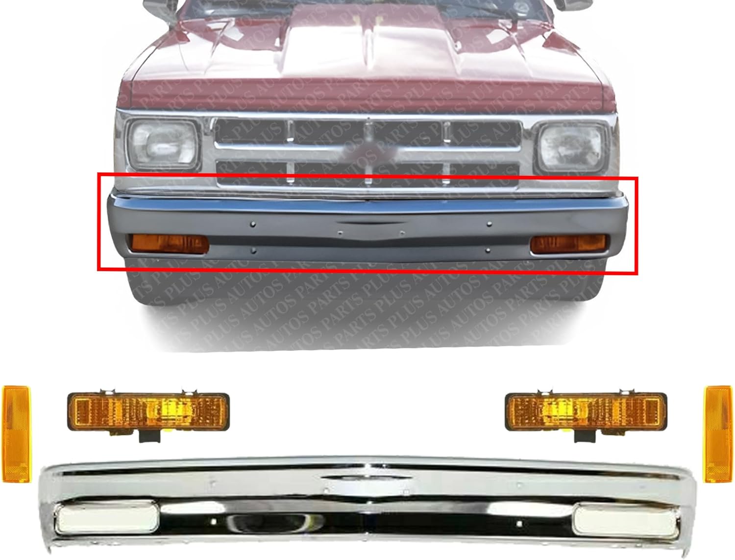 Front Bumper Chrome Steel + Signal Lights + Corner Lamps Lens And Housing Right & Left Side Direct Replacement Compatible With GMC S15 / Chevrolet S10 1982-1990 GM2520109 GM2521109