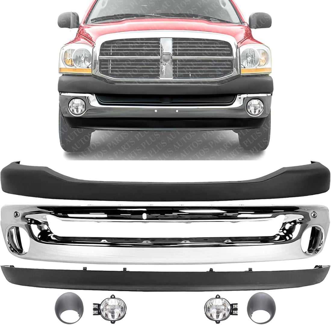 Front Bumper Chrome Steel + Upper Cover + Lower Valance + Fog Light + Molding Left Driver & Right Passenger Side Direct Replacement Compatible With 2006-2009 Dodge Ram 1500 2500 3500