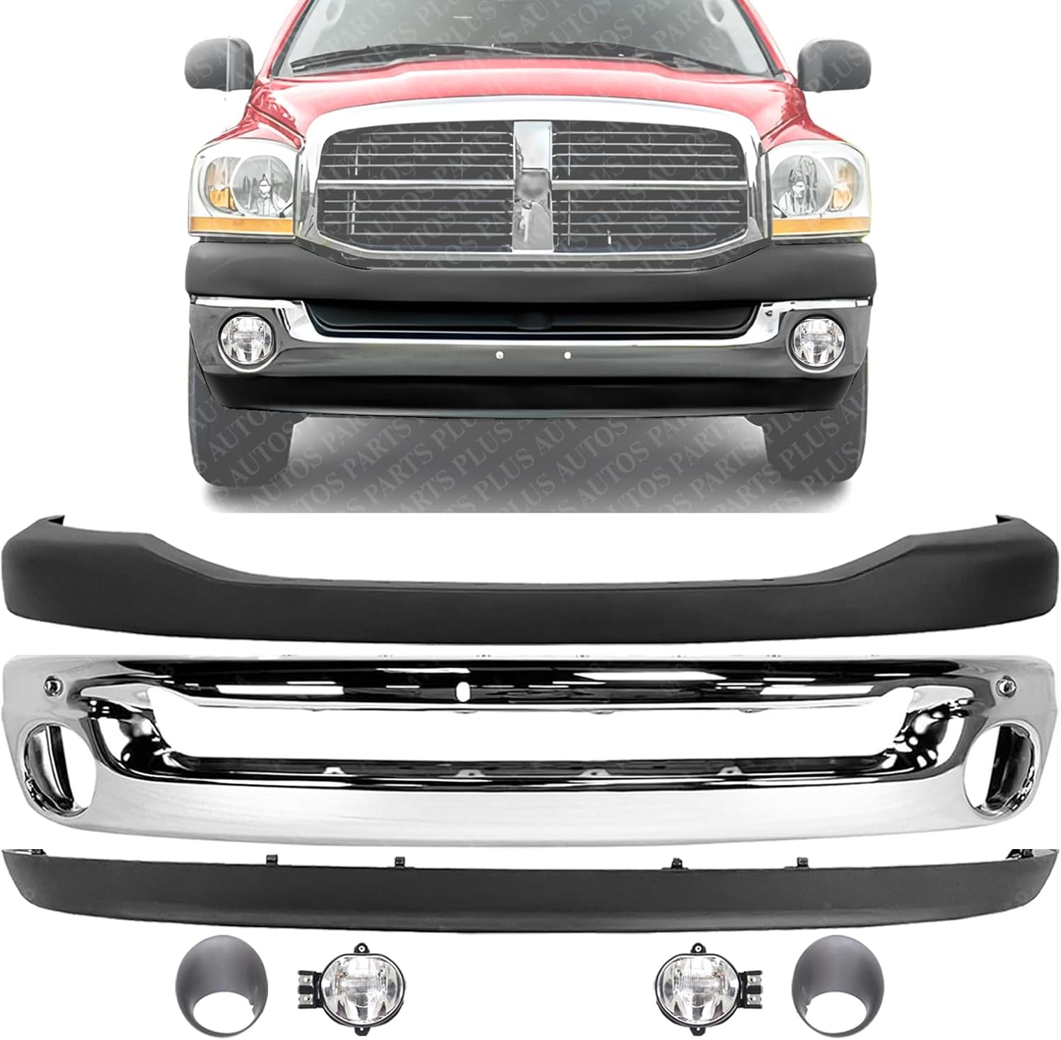 Front Bumper Chrome Steel + Upper Cover + Lower Valance + Fog Light + Molding Left Driver & Right Passenger Side Direct Replacement Compatible With 2006-2009 Dodge Ram 1500 2500 3500