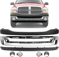 Front Bumper Chrome Steel + Upper Cover + Lower Valance + Fog Light + Molding Left Driver & Right Passenger Side Direct Replacement Compatible With 2006-2009 Dodge Ram 1500 2500 3500