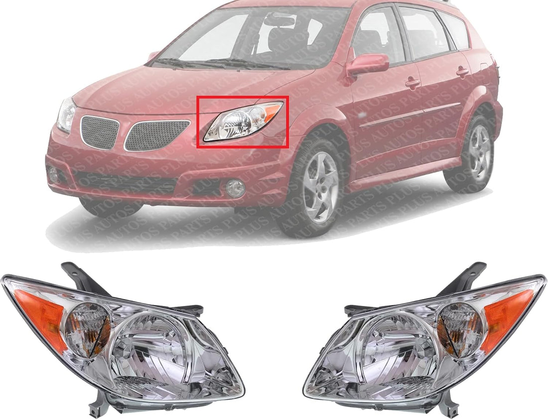 Set Of 2 Front Head Light Assembly Plastic Left Driver & Right Passenger Side Direct Replacement Compatible With 2005-2008 Pontiac Vibe GM2503249 GM2502249 88973539 88973540