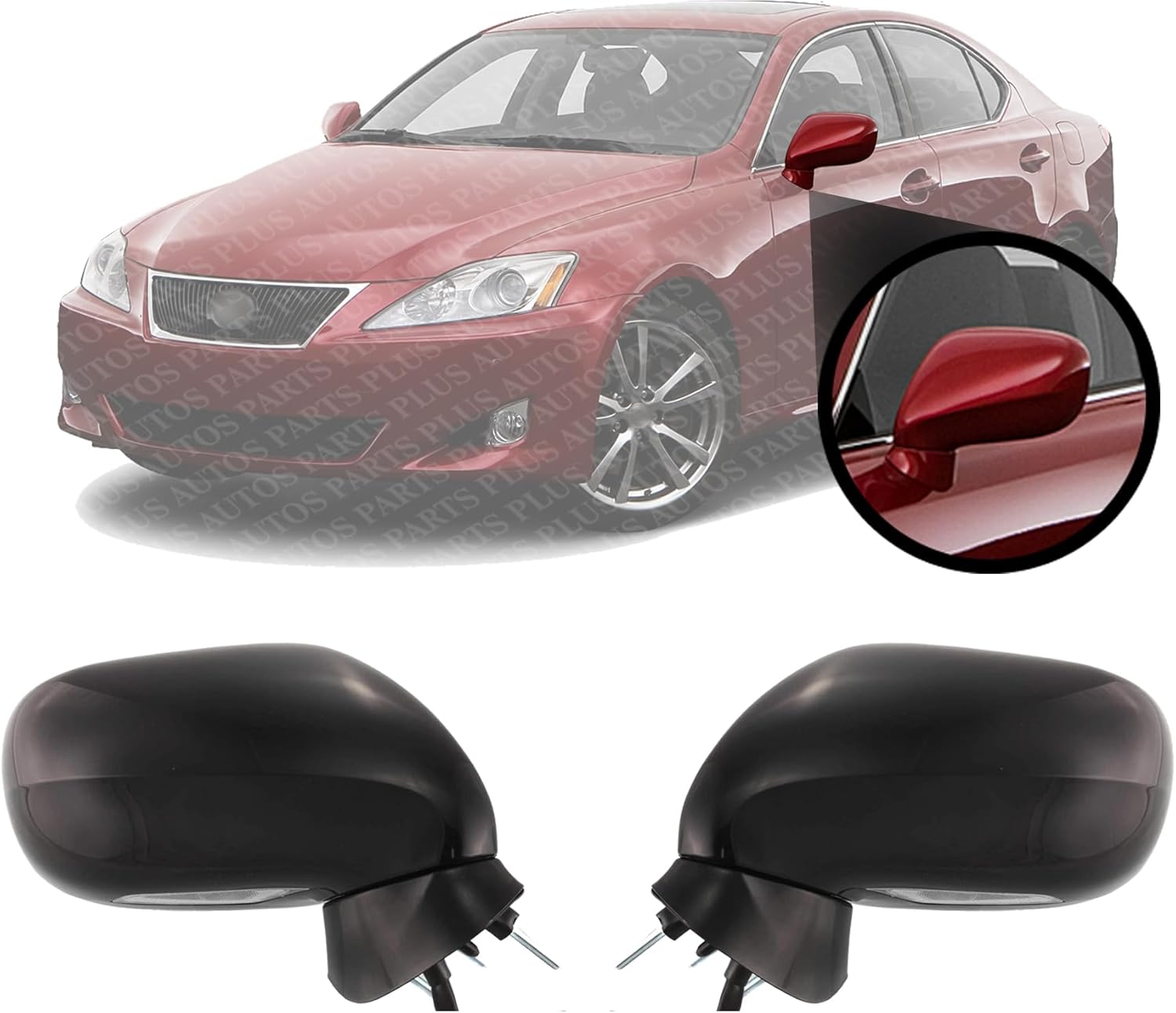 Set Of 2 Front Power Mirror Manual Folding Heated Primed Plastic Left Driver & Right Passenger Side Direct Replacement Compatible With 2006-2008 Lexus IS350 / IS250