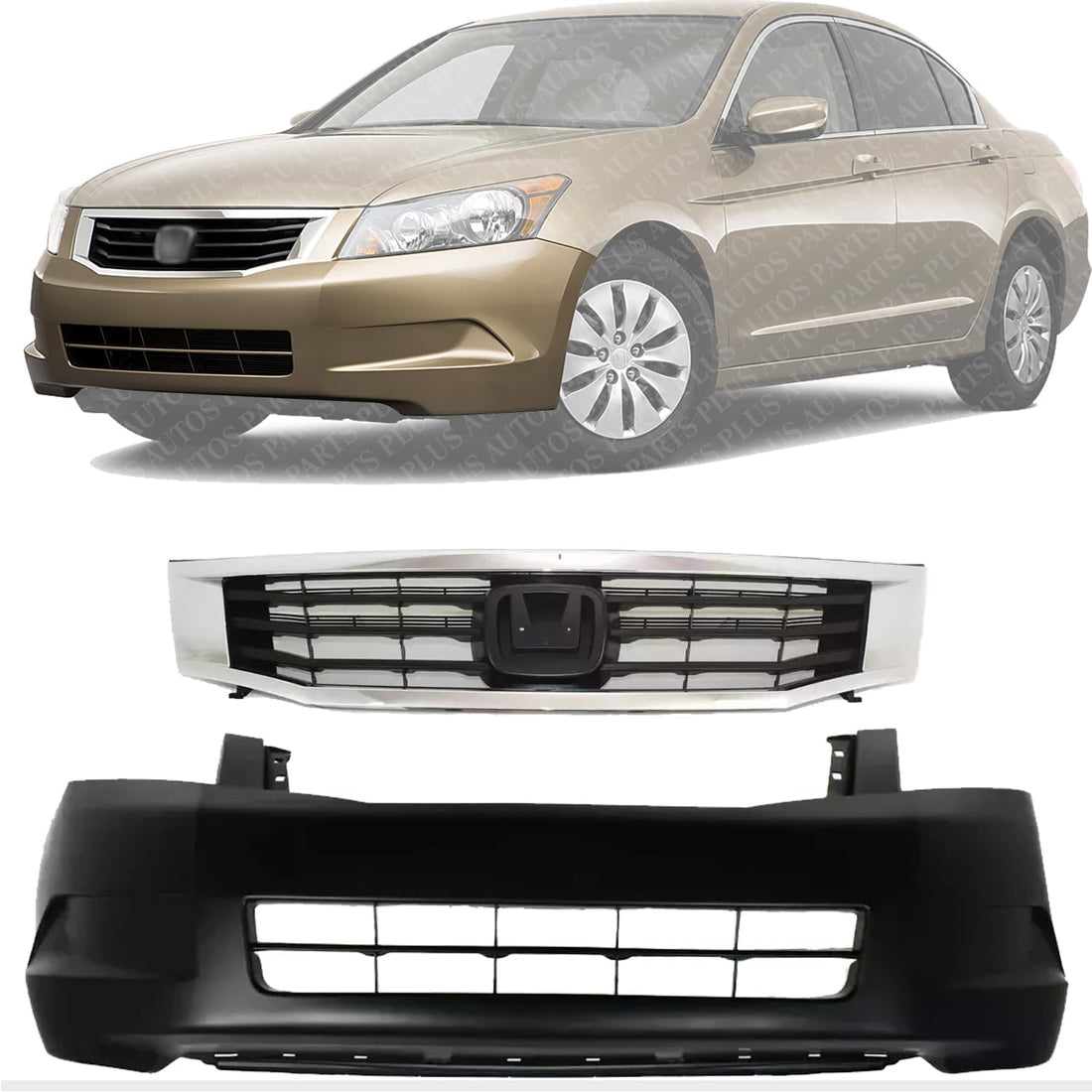 Front Bumper Cover Primed + Grille Primed Shell & Insert with Chrome Molding Direct Replacement Compatible with 2008-2010 Honda Accord