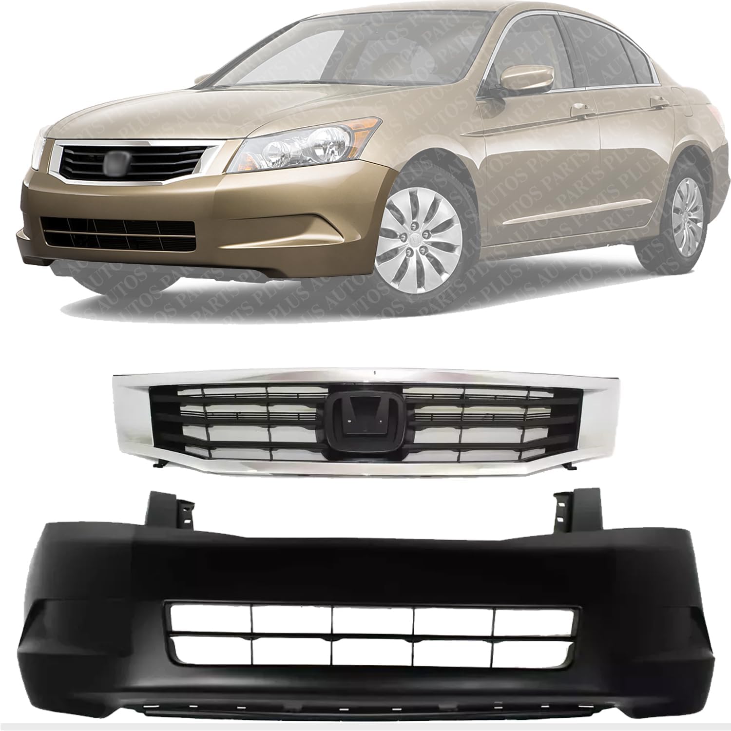 Front Bumper Cover Primed + Grille Primed Shell & Insert with Chrome Molding Direct Replacement Compatible with 2008-2010 Honda Accord