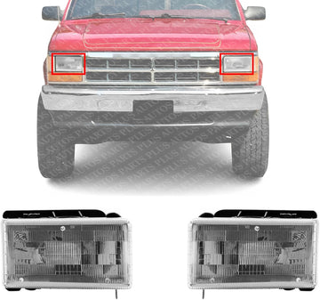 Set Of 2 Front Head Light Assembly Halogen Right Passenger & Left Driver Side Direct Replacement Compatible With 1991-1996 Dodge Dakota CH2503105 CH2502105 55054714 55054715