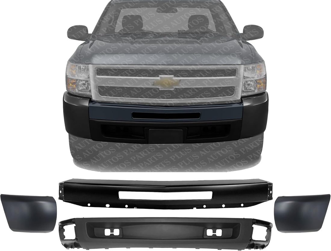 Front Bumper Primed + Lower Valance Air Deflector Textured + End Caps Left & Right Side Direct Replacement Compatible With 2009-2013 Chevrolet Silverado 1500 GM1002836 GM1092192