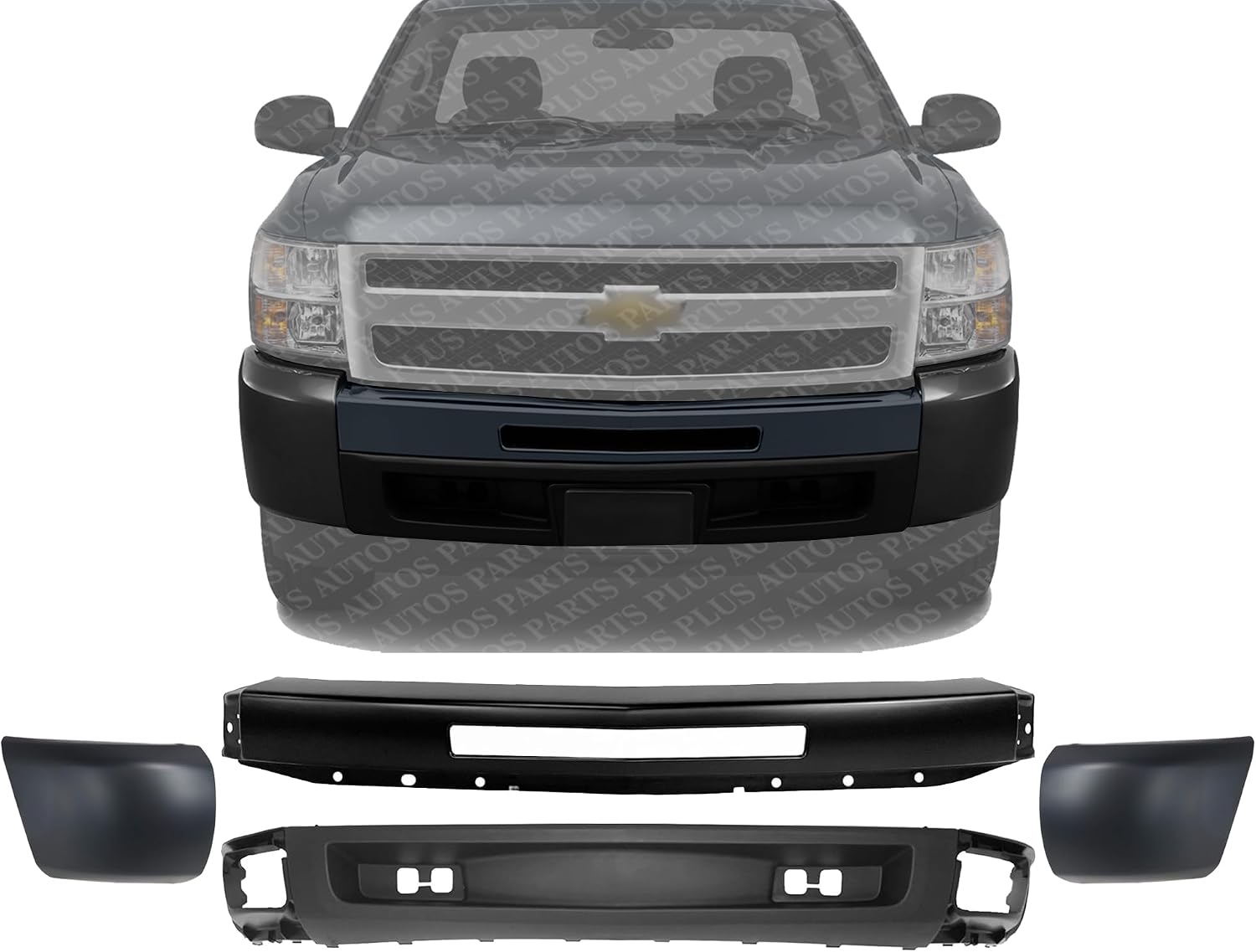 Front Bumper Primed + Lower Valance Air Deflector Textured + End Caps Left & Right Side Direct Replacement Compatible With 2009-2013 Chevrolet Silverado 1500 GM1002836 GM1092192