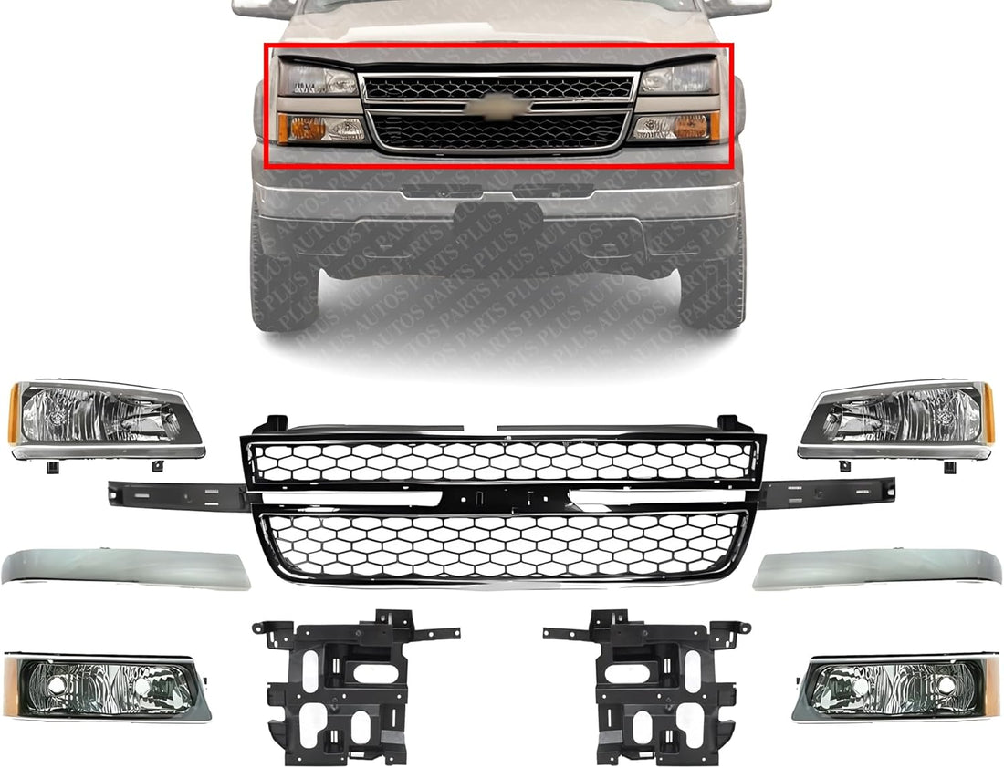 Front Grille + Chrome Moldings + Signal Lamp + Head Lights + Support Brackets Right & Left Side Direct Replacement Compatible With Chevrolet Silverado 2500HD 3500 2003-2006 GM1200546
