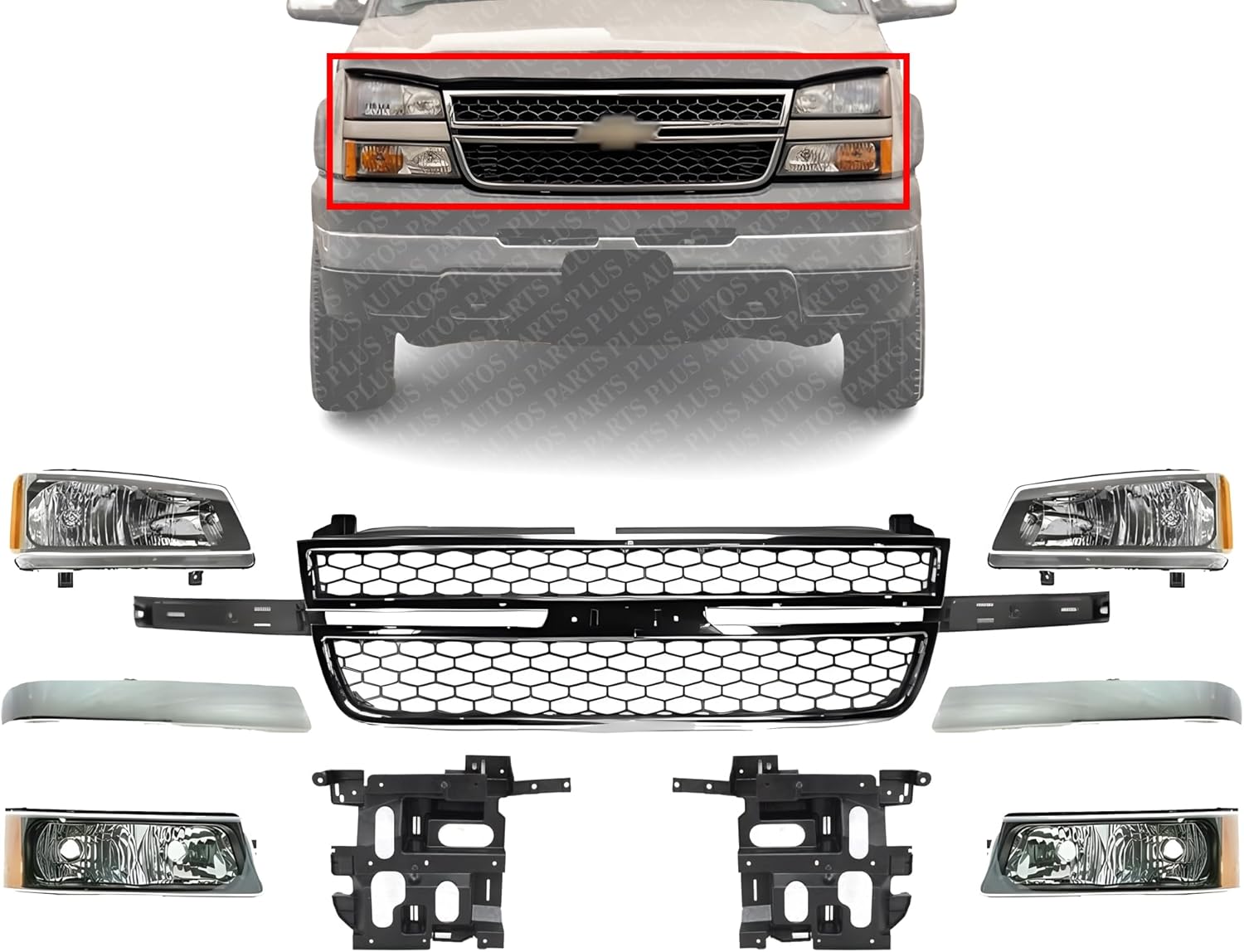 Front Grille + Chrome Moldings + Signal Lamp + Head Lights + Support Brackets Right & Left Side Direct Replacement Compatible With Chevrolet Silverado 2500HD 3500 2003-2006 GM1200546