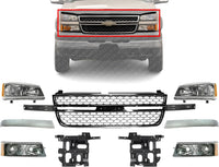 Front Grille + Chrome Moldings + Signal Lamp + Head Lights + Support Brackets Right & Left Side Direct Replacement Compatible With Chevrolet Silverado 2500HD 3500 2003-2006 GM1200546
