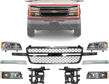 Front Grille + Chrome Moldings + Signal Lamp + Head Lights + Support Brackets Right & Left Side Direct Replacement Compatible With Chevrolet Silverado 2500HD 3500 2003-2006 GM1200546