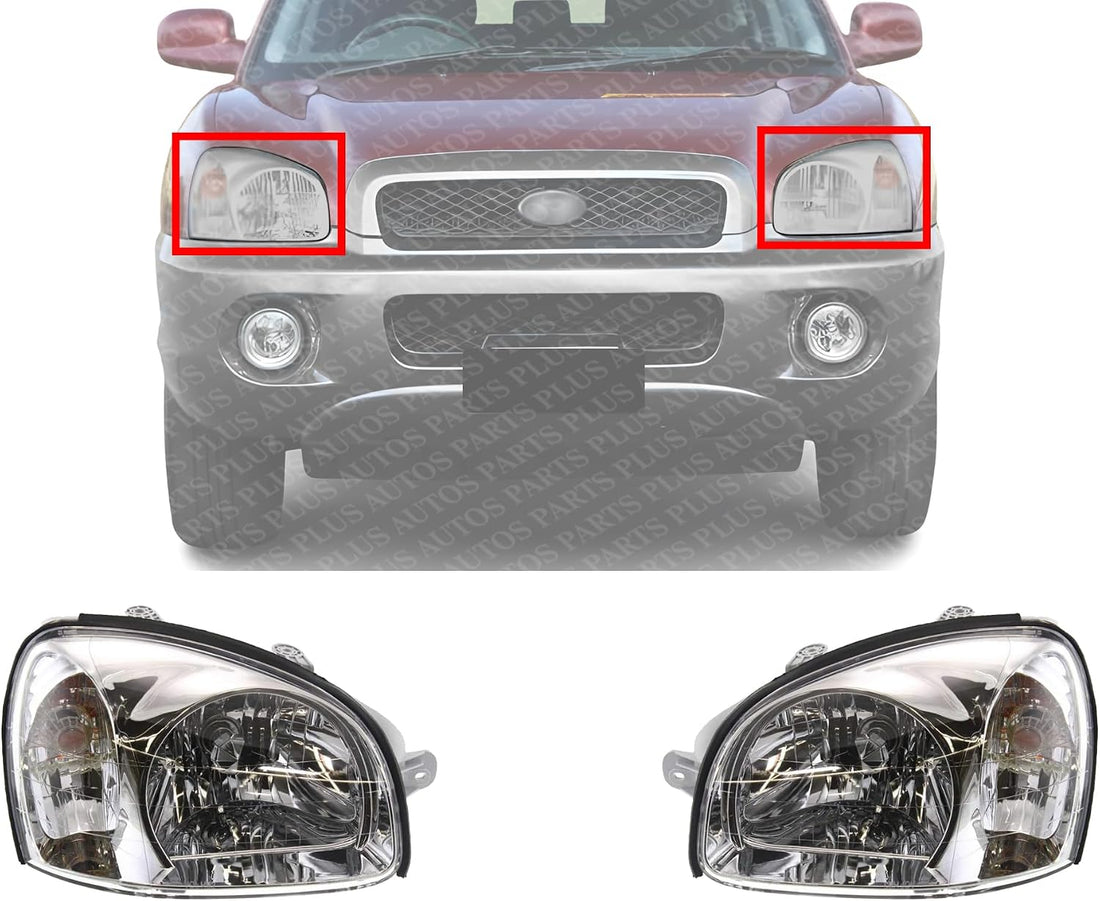 Set Of 2 Front Head Light Assembly Plastic Left Driver & Right Passenger Side Direct Replacement Compatible With 2001-2003 Hyundai Santa Fe HY2502121 HY2503121 9210126050 9210226050