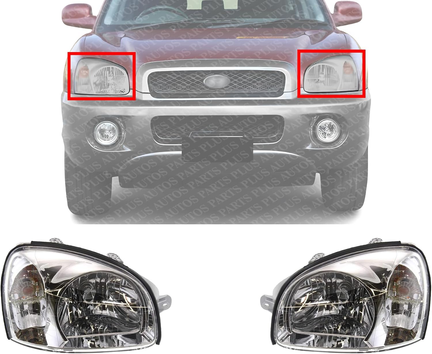 Set Of 2 Front Head Light Assembly Plastic Left Driver & Right Passenger Side Direct Replacement Compatible With 2001-2003 Hyundai Santa Fe HY2502121 HY2503121 9210126050 9210226050