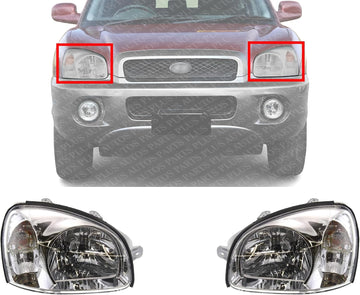 Set Of 2 Front Head Light Assembly Plastic Left Driver & Right Passenger Side Direct Replacement Compatible With 2001-2003 Hyundai Santa Fe HY2502121 HY2503121 9210126050 9210226050