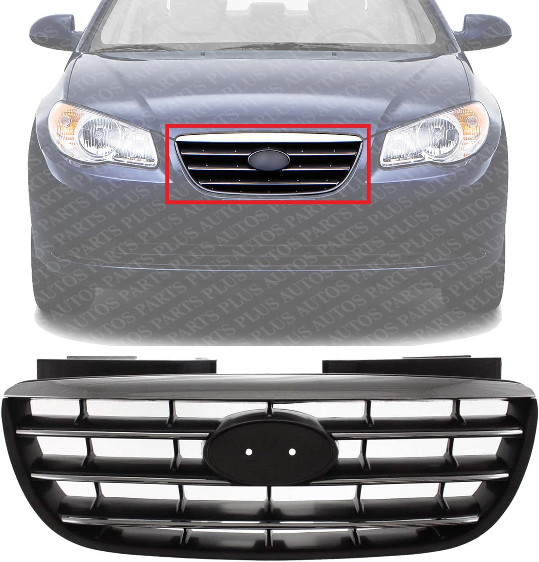 Front Grille Primed Shell With Chrome Insert Molding Plastic Direct Replacement Compatible With 2007-2010 Hyundai Elantra HY1200145 863502H000