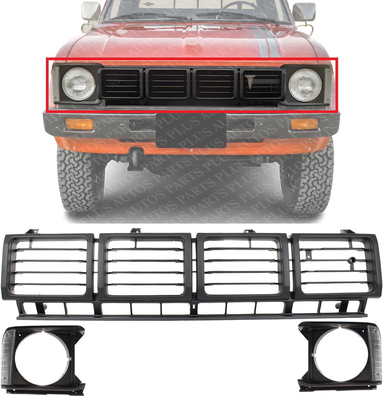 Front Grille Assembly Primed Shell And Insert + Head Light Bezels Gray Left Driver & Right Passenger Side Direct Replacement Compatible With 1980-1981 Toyota Pickup TO1200143
