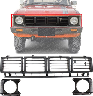 Front Grille Assembly Primed Shell And Insert + Head Light Bezels Gray Left Driver & Right Passenger Side Direct Replacement Compatible With 1980-1981 Toyota Pickup TO1200143