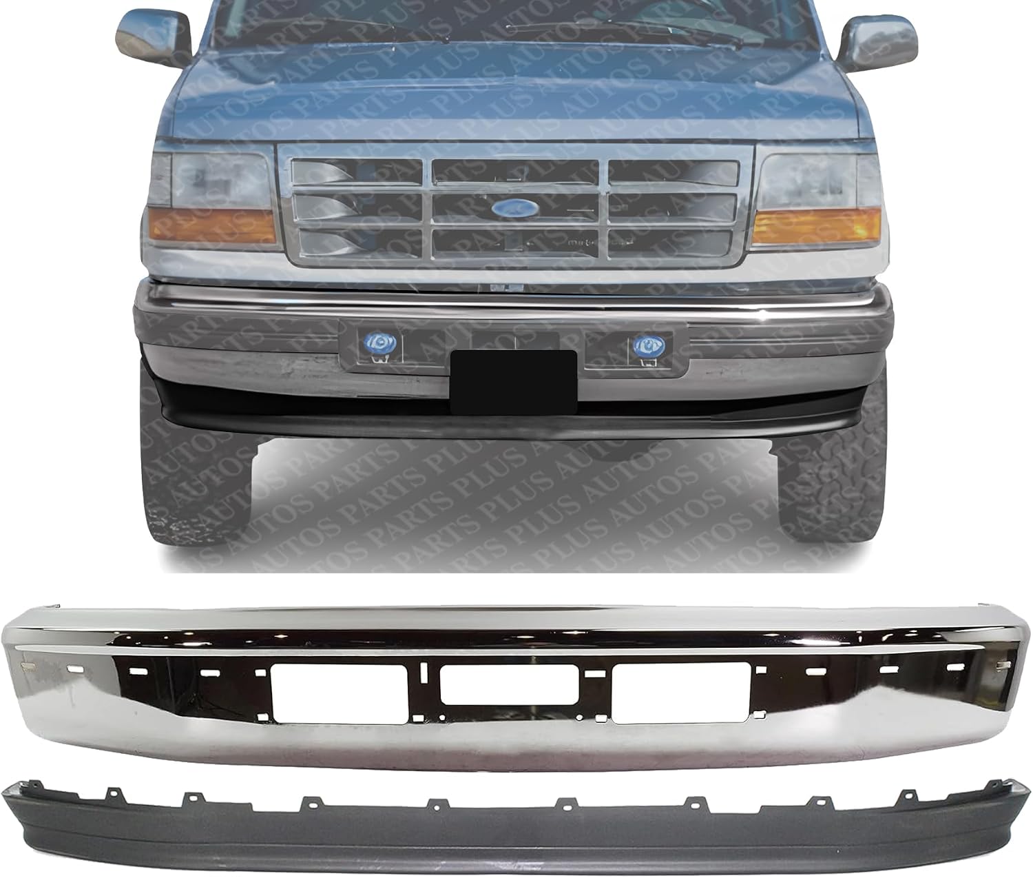 Front Bumper Chrome Steel With Air And Molding Hole + Lower Valance Panel Textured Direct Replacement Compatible With 1992-1997 Ford F-Series FO1002254 FO1095154 F2TZ17626A